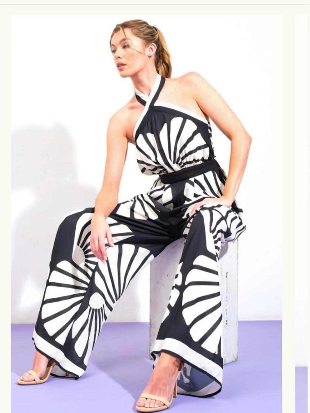 Flying Tomato Black & White Graphic Halter Wide-Leg Jumpsuit